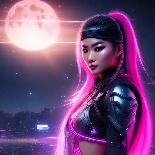 Prompt: create photograph of beautiful  female ninja who is wearing glowing pink futuristic robes,  night time and beautiful sky  space and planets an nebulae in sky highly detailed, detailed face, extremely detailed environment, extremely detailed background, extremely detailed skin, extremely detailed clothing, natural colors , professionally color graded, photorealism, 8k, realistic, moody lighting, galactic environment, volumetric lighting