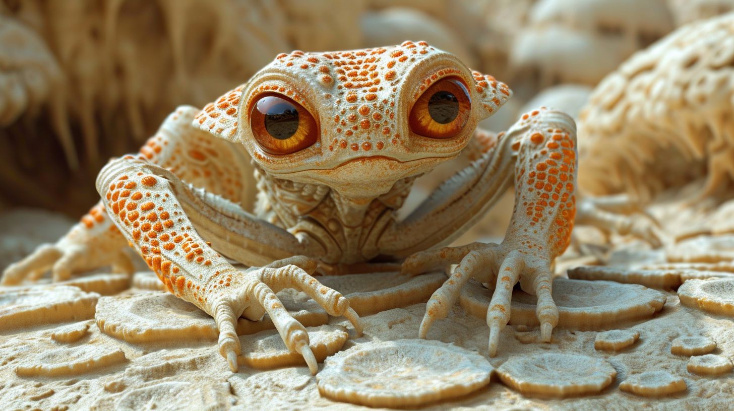 Prompt: Humanoid alien with large, expressive eyes, and textured skin that resembles patterns found in nature, such as honeycombs or coral. The creature is in a curious pose, lying down on a surface that has a unique geometric texture, with raised dome-like shapes scattered in an organized fashion. The color palette is monochromatic, with varying shades of creamy beige. The lighting is soft and diffused, casting gentle shadows that accentuate the textures of both the alien's skin and the patterned surface. The overall mood is one of wonder and intricate detail, with a focus on the tactile quality of the scene.