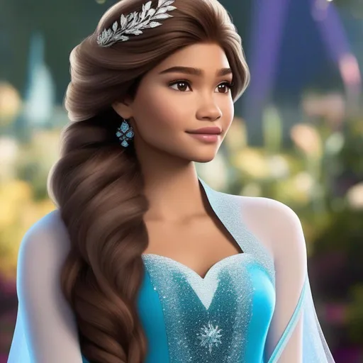 Prompt: zendaya as elsa in frozen with dark brown hair