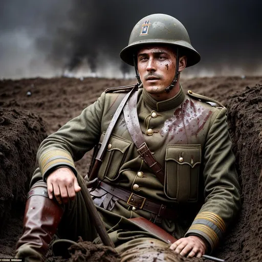 Prompt: Gruesome picture of an exhausted, severely wounded WW1 German soldier in a muddy trench, his Kaiserliche Armee uniform is muddy, dirty and dusty and covered with old bloodstains from combat, while dozens of shells explode all around him sending plumes of black smoke, dirt and shrapnel up into the air
