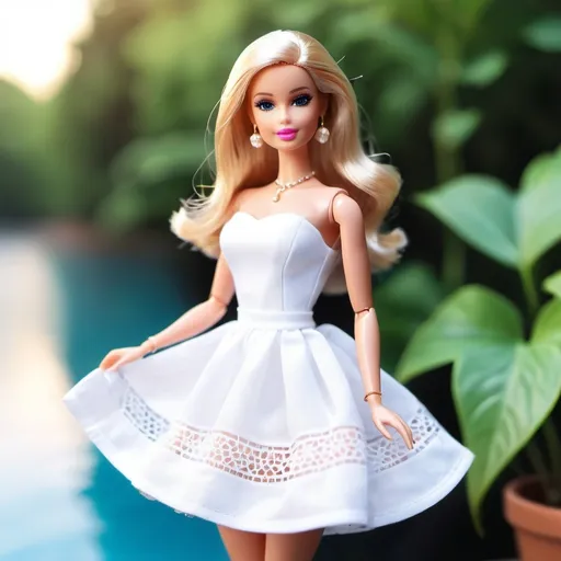 A barbie doll with white casual dress scenery Inst