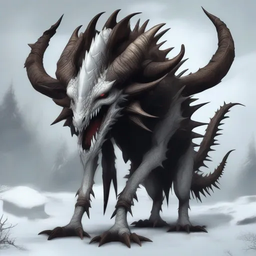 Prompt: Bewilderbeast, Ice dragon, snow-white with long tusk-like horns and covered in spikes tipped with brown-black, in Creepypasta style, best quality, masterpiece