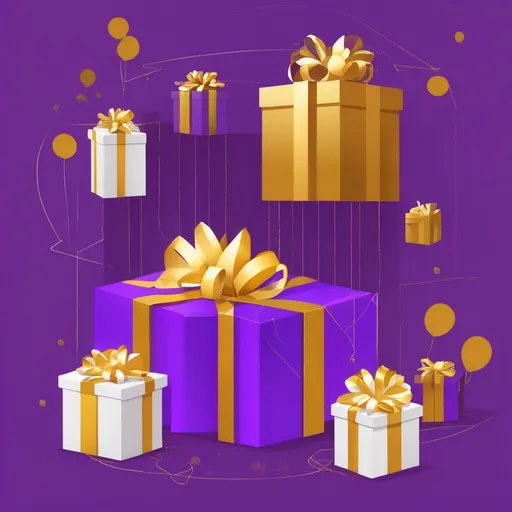 Prompt:  digital illustration with a purple background, white dotted lines, a golden gift box with a green parachute, smaller floating gift boxes, 