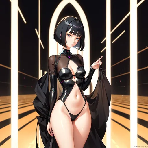 Prompt: a lonely AI girl, very tall, thick thighs, wide hips, long legs, slender waist, big beautiful symmetrical eyes, intriguingly beautiful face, aloof expression, bob haircut with bangs, Expressionism art style, 12K resolution, hyper quality, hyper-detailed, depth of field