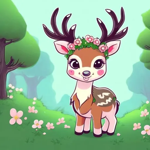 Prompt: cute cartoon baby deer drawing, flower crown, mossy forest