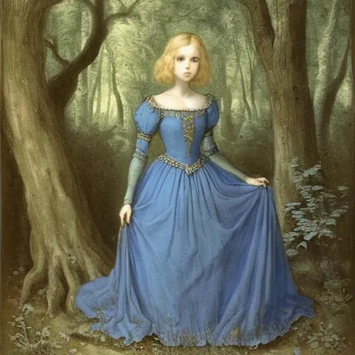 Prompt: Medieval princess, short blonde hair, long blue dress, in a haunted wood, style of Armand Point