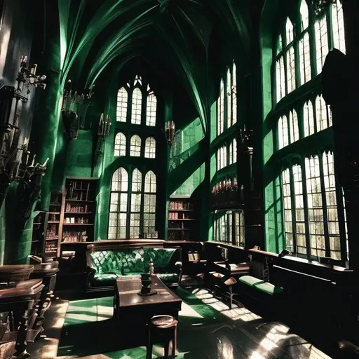 Prompt: slytherin common room, dark, aesthetic, beautiful