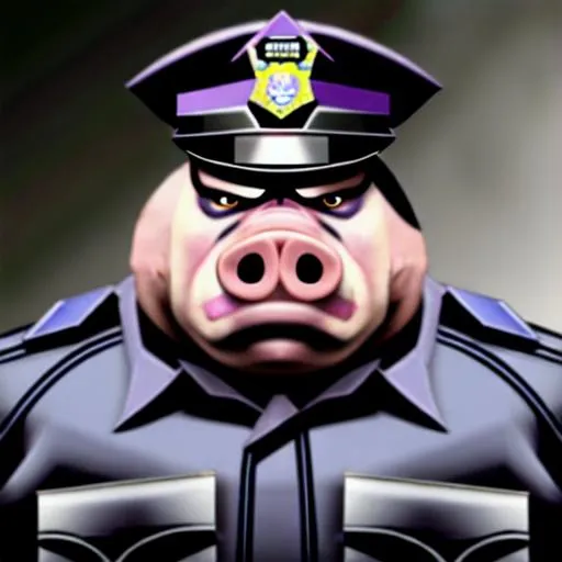 Prompt: A very angry, evil, steroid abusing, humanoid pig police officer.