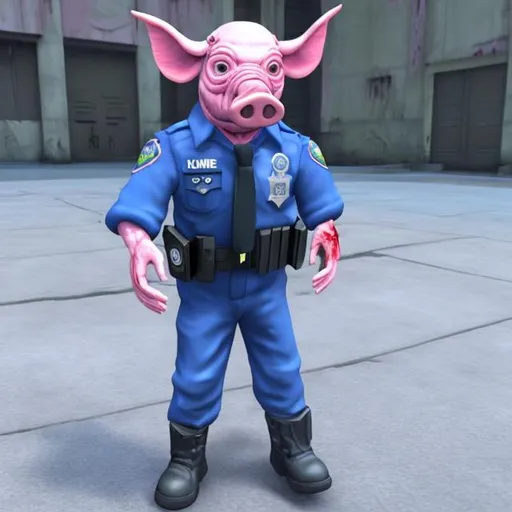 Prompt: A pink-skinned, zombfiede humanoid pig-police officer in full, blue uniform.