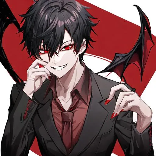 Prompt: Damien as a demon (male, short black hair, red eyes) grinning seductively