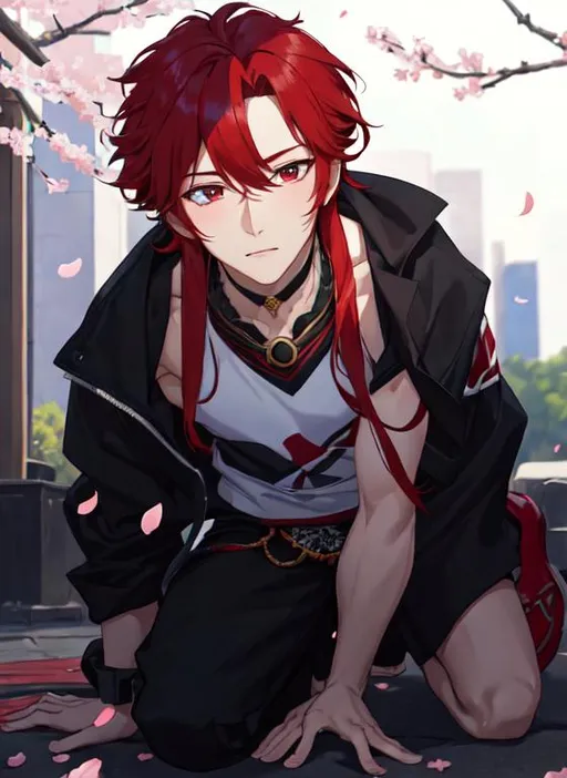 Prompt: Zerif 1male (Red side-swept hair covering his right eye) 8K, UHD, best quality, under the cherryblossom trees, wearing a casual outfit, red hair, on one knee proposing, holding a bouquet of flowers, blushing, looking away nervously