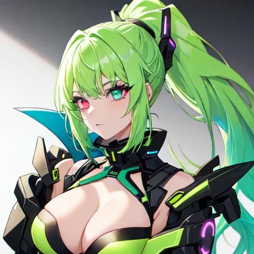 Prompt: She has a long, distinctive neon-green that fades to neon-blue hair in a ponytail, heterochromia eyes, symmetrical, anime wide eyes, as a bounty hunter
