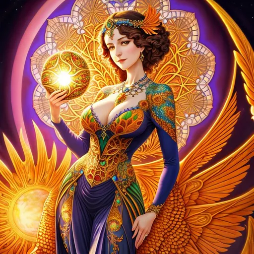 Prompt: Art nouveau, full color julia and newton clusters fractal in voronoi background, Phoenix and Beautiful milf mature woman, holding the sun so bright in its claws highly-detailed, elegant, dramatic lighting, lifelike, photorealistic full body.