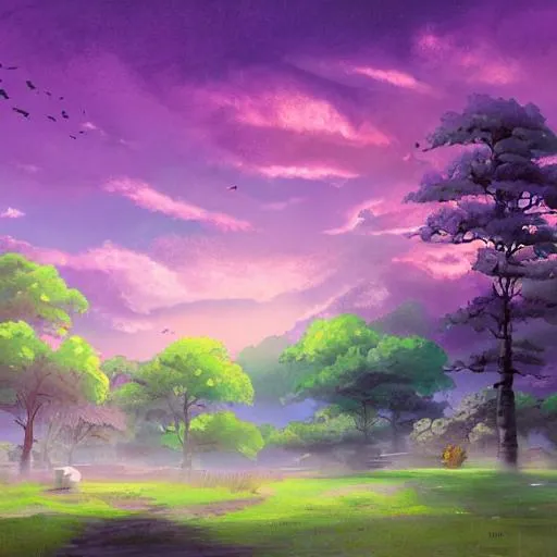Prompt: landscape painting, dreamy tone, anime students characters, purple and pink mixed sky
