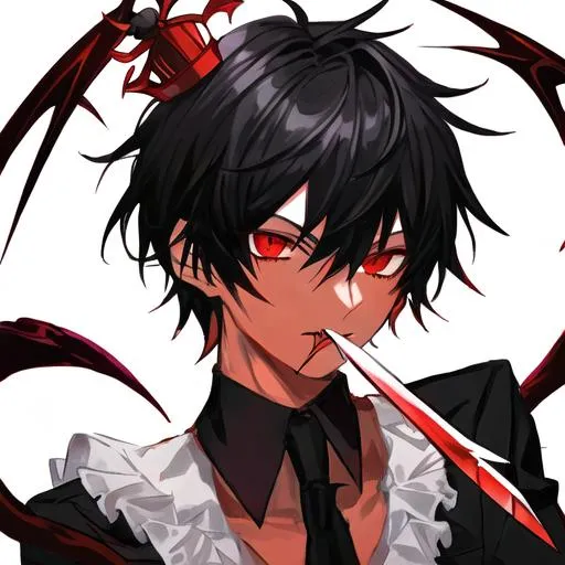 Prompt: Damien  (male, short black hair, red eyes) holding a knife up to his mouth wearing a crown, demon form
