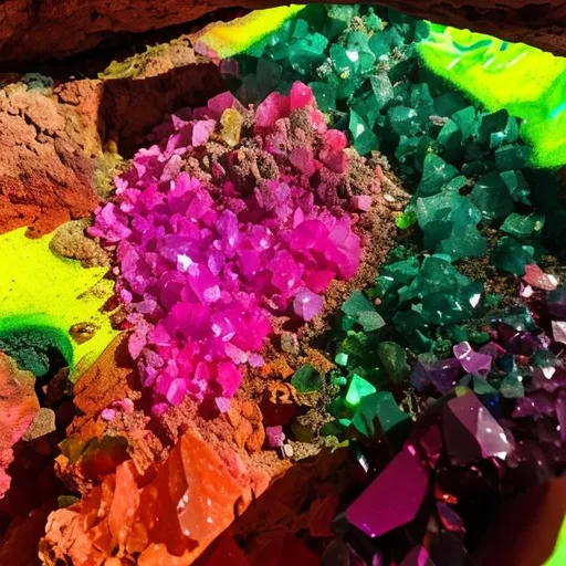 Prompt: red green rainbow green pink pink yellow gold pink green crystals in a massive cave frog