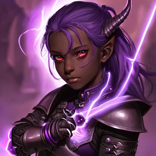 Prompt: Portrait of an adolescent, scared, innocent, beautiful tiefling girl with very dark ash skin, wearing tattered leather armor with glowing, light purple psionic blades emanating from her hand