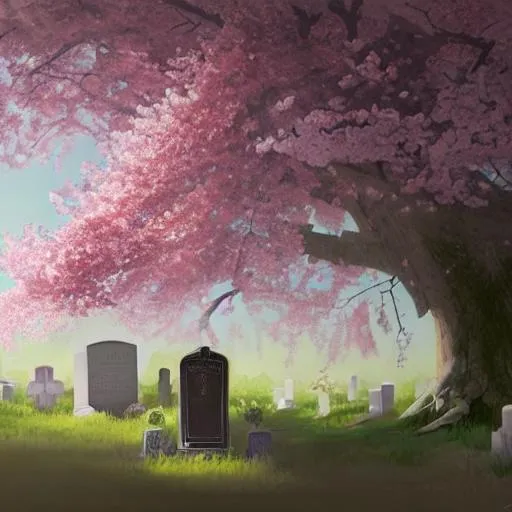 Prompt: A painting of the Grave of cherry blossoms and a robin standing on top of a grave trending on artstation in the style of Greg Rutkowski