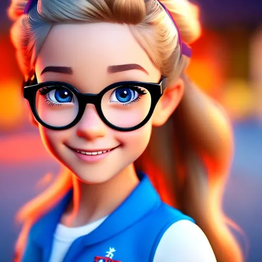 Prompt: Disney, Pixar art style, CGI, tween girl with black glasses,  light blond hair all in a tight ponytail, blue eyes,,
