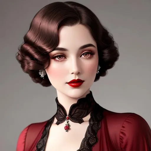 Prompt: 1920's high class young aristocrat female with dark brown eyes perfect cherry red lips wearing a very beautiful formal gown