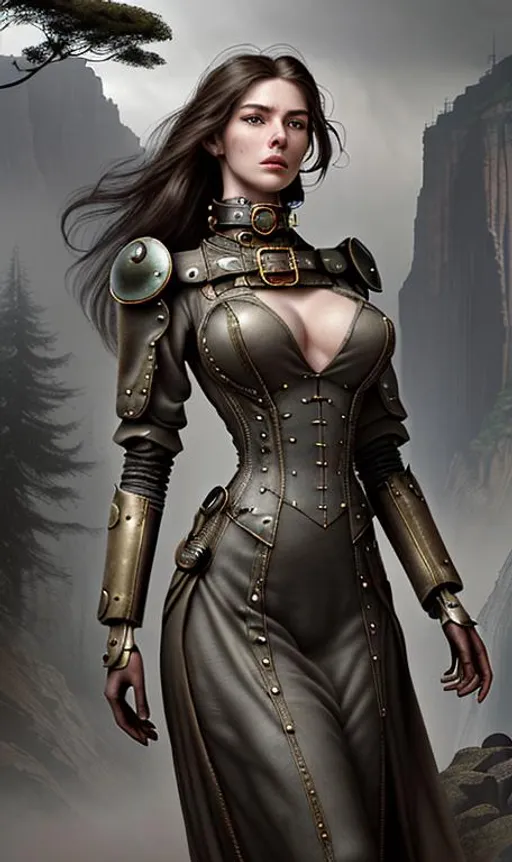 Prompt: Realistic historical dystopian landscape, heavy mist, at the edge of a mountain, with a large time machine,

Depicting a female Steampunk High Fantasy Time Keeper, an exquisite portrayal of an exotic, gorgeous, slender, ultra realistic young adult woman, wearing a heavy iron collar,

Opening a portal to another time,

Gorgeous perfectly detailed facial features, long legs, vibrant sumptuous perfect body, ultra pale, visible midriff, 

Perfect studio lighting, perfect shading, Professional Photo Realistic Image, RAW, artstation, splash style dark fractal paint, contour, hyper detailed, intricately detailed, unreal engine, fantastical, intricate detail, steam screen, complimentary colors, fantasy concept art, 64k resolution, deviantart masterpiece, splash arts, ultra details Ultra realistic, hi res, UHD, 64k, 3D rendering.