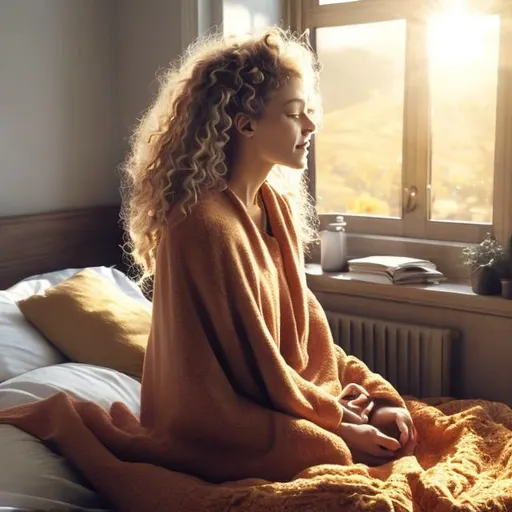 Prompt: It‘s in the morning. A woman just stood up and is sitting in bed. Her legs are still covered with a blanket. While she is sitting in bed, she looks out of the window. The sun is shining and it’s bright. The woman is standing behind the viewer. Just her long, blond and curly hair is seen. stunning detailed scene, wide shot, bright soft diffused light, glow, digital painting, intricate, highly detailed, volumetric lighting, romantic