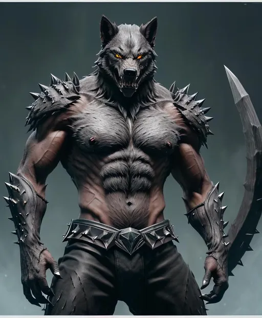 Prompt: highly detailed digital drawing of a werewolf, full wow tank armor, 16k Unreal Engine, splash art, bloody mouth, sharp teeth, green glowing, eyes on the back a spiked, comb long black claws scars on, the body muscular, body black shiny gray, fur in the right claw he holds a severed head that looks like it's me 