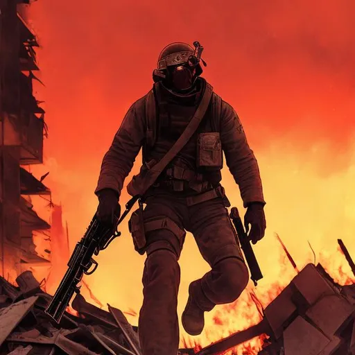 Prompt: A man with a gun stumbling around in burning rubble, the air dense and the sky blood red