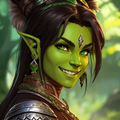 Prompt: oil painting, D&D fantasy, green-skinned-orc girl, green-skinned-female, toned muscle, beautiful, short dark brown hair, wavy hair, smiling, pointed ears, fangs, looking at the viewer, barbarian wearing intricate adventurer outfit, #3238, UHD, hd , 8k eyes, detailed face, big anime dreamy eyes, 8k eyes, intricate details, insanely detailed, masterpiece, cinematic lighting, 8k, complementary colors, golden ratio, octane render, volumetric lighting, unreal 5, artwork, concept art, cover, top model, light on hair colorful glamourous hyperdetailed medieval city background, intricate hyperdetailed breathtaking colorful glamorous scenic view landscape, ultra-fine details, hyper-focused, deep colors, dramatic lighting, ambient lighting god rays, flowers, garden | by sakimi chan, artgerm, wlop, pixiv, tumblr, instagram, deviantart