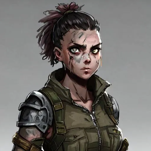 Prompt: naturally beautiful face of a young post apocalyptic female character, character art, determined