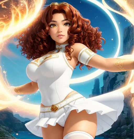 Prompt: A beautiful 14 year old ((Latina)) light elemental with light brown skin and a cute face. She has a curvy body. She has short curly reddish brown hair and reddish brown eyebrows. She wears a beautiful tight white princess outfit with a white skirt. She has brightly glowing yellow eyes and white pupils. She wears a small golden tiara. She has a yellow aura around her. She is floating in the air with bright yellow light magic in her hands staring down at an army. Epic battle scene art. Full body art. {{{{high quality art}}}} ((goddess)). Illustration. Concept art. Symmetrical face. Digital. Perfectly drawn. A cool background. Five fingers