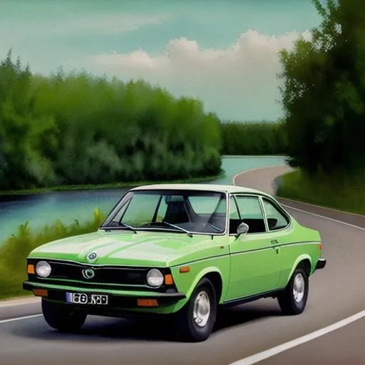 Prompt: RAW photography, green Škoda 110R coupe, year 1974, driving on the road by the river

Pastel colours, centered, approaching perfection, dynamic, highly detailed, watercolour painting, artstation, concept art, smooth, sharp focus, illustration, art by Julie Bell and Boris Vellejo and Luis Rojo