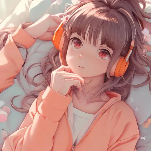 Prompt: anime art of a girl,  wearing pastel orange joggers, soft lighting, listening to music, bright colors, in a room laying on bed, brown hair, dreamy eyes
by artist "anime", Anime Key Visual, Japanese Manga, Pixiv, Zerochan, Anime art, Fantia 