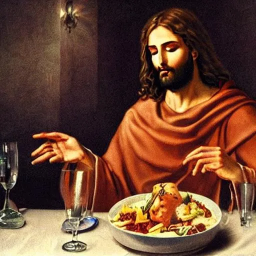 Prompt: Jesus eating a nice dinner