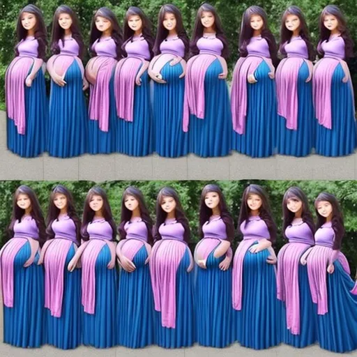 Prompt: There are multiple pregnant anime girls who are all wearing blue pleated long skirts. The hair of the anime girls are long and straight.

The pregnant anime girls are holding their baby bumps.
