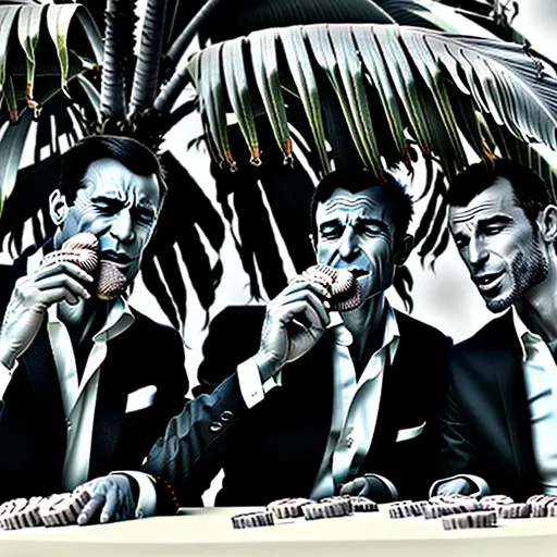 Prompt: Elegant rich business men eat bananas under a palm