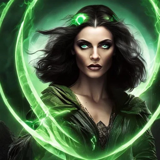 Prompt: female sorceress, short black hair and green eyes beautiful young
