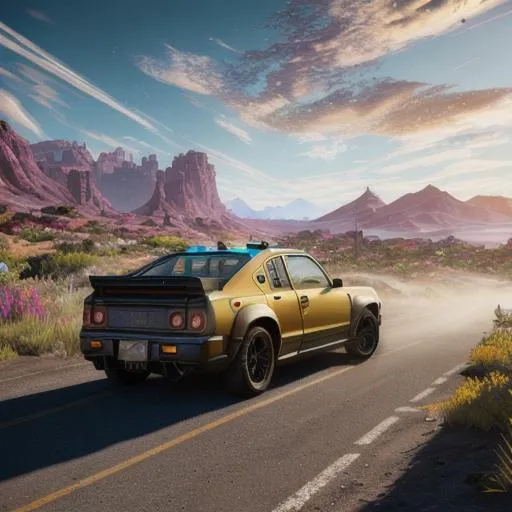 Prompt: A hyperrealistic digital oil painting of a fantasy landscape with old cars by borderlands 3 game graphic,stunning,vibrant, 8k resolution concept art, Artgerm,dynamic lighting hyperdetailed intricately detailed Splash art trending on Artstation triadic colors Unreal Engine 5 volumetric lighting