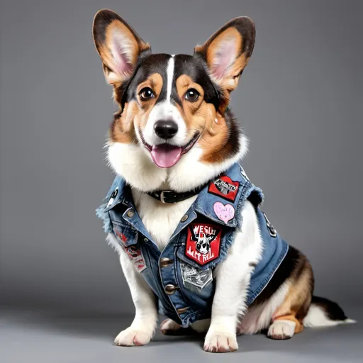 Prompt: Cardigan Welsh Corgi wearing a heavy metal music denim vest with patches