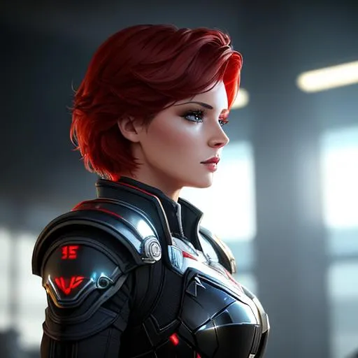 Prompt: #Vasa# character, {highest quality concept art masterpiece} oil painting,
hyperrealistic beautiful woman with short red hair,
hyperrealistic clear eyes,
high definition beautiful dark mass effect armor, 
cinematic volumetric dramatic 
dramatic studio 3d glamour lighting, backlit backlight, 128k UHD HDR HD, professional long shot photography, unreal engine octane render trending on artstation, triadic colors, sharp focus,  occlusion, centered, symmetry, ultimate, shadows, highlights, contrast, 