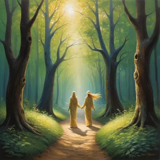 Prompt: The scene takes place on a winding path through an ancient, enchanted forest, symbolizing the journey of life. The path is illuminated by a soft, golden light, creating a serene yet mysterious atmosphere. The trees are tall and majestic, their leaves shimmering in hues of deep green and gold, signifying wisdom and maturity. Along the path, there are two figures.

One figure is walking forward confidently, their form glowing with inner light, representing someone who is secure in their self-worth and moving forward in life. Their expression is calm, and they carry a sense of peace, even though the path ahead is winding and uncertain.

The other figure is further back, shrouded in shadow. They appear hesitant and are looking backward, pulled away by ghostly hands emerging from the trees, representing the influence of others' opinions and doubts. This figure's form is fading, symbolizing the fragility of a friendship that cannot withstand outside influences.

In the background, the forest opens up to reveal a clearing bathed in sunlight, symbolizing the destination of true friendship and peace. The path to the clearing is clear, but only the figure who has let go of the shaky connection will reach it.

Above the path, delicate, ethereal birds fly toward the clearing, representing the freedom and lightness that comes with releasing those who do not truly support you. The birds are painted with fine, intricate details, adding a sense of elegance to the painting.

The color palette of the painting is warm and inviting, with soft gradients of gold, green, and deep blue, creating a sense of harmony and balance. The brushstrokes are smooth and flowing, evoking a sense of movement and progress.