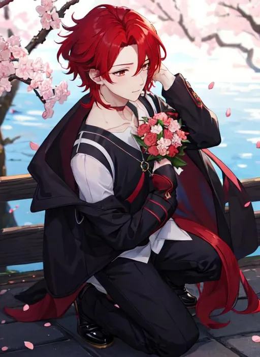 Prompt: Zerif 1male (Red side-swept hair covering his right eye) 8K, UHD, best quality, under the cherryblossom trees, wearing a casual outfit, red hair, on one knee proposing, holding a bouquet of flowers, blushing, looking away nervously