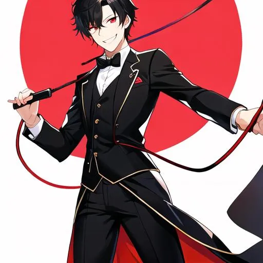 Prompt: Damien (male, short black hair, red eyes) grinning seductively, holding a whip