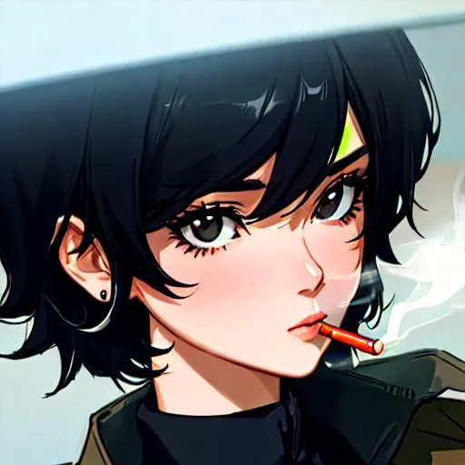 Prompt:  (female, short black hair) Smoking, 8k, UHD, Highly detailed, as a detective, close up