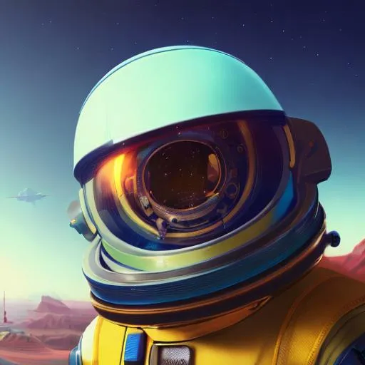 Prompt: Astronaut behind a planet, no man's sky, blue and yellow astronaut, blue visor, looking into the camera, solid blue visor, blurred background, no man's sky astronaut, portrait