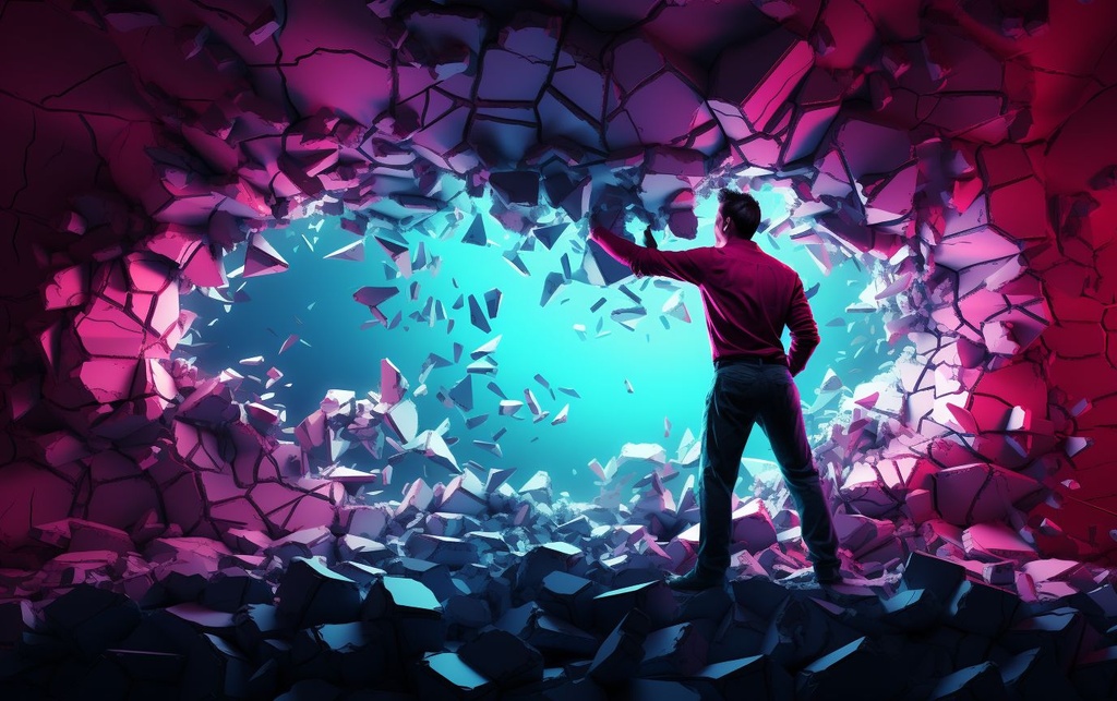 Prompt: a man with a hand breaking a wall, in the style of dark magenta and light cyan, abstraction-création, satirical illustrations, editorial illustrations