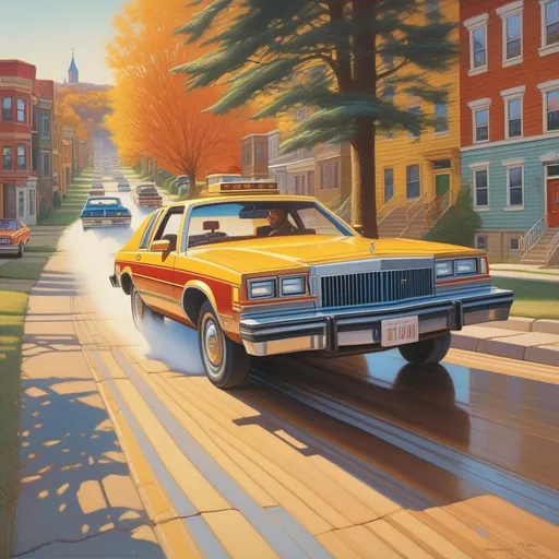Prompt: 1980s, Pittsburgh, car chase, sunny weather, warm atmosphere, cartoony style, extremely detailed painting by Greg Rutkowski and by Henry Justice Ford and by Steve Henderson
