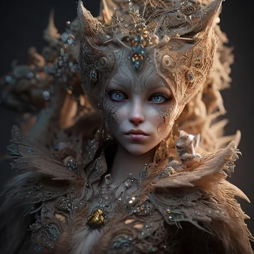 Prompt: needle-felted feline human queen, intricate details, insane details, volumetric lighting
