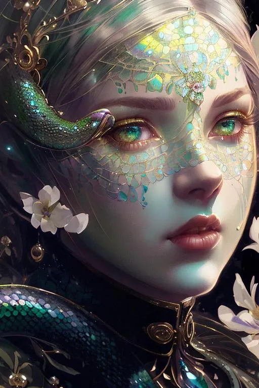 Prompt: A beautiful woman, beautiful face, stunning snake green eyes, ombre gradient green hair, delicate dress made of gradient iridescent snake scales details by pino daeni, tom bagshaw, Cicely Barker, Daniel Merriam, intricate details by Andrew atroshenko, James Jean, Mark Ryden, charlie bowater, WLOP, Jim burns, esao Andrews, Megan duncanson, beautiful portrait , very detailed, high definition, crisp quality, cinematic smooth, cinematic lighting, ultrarealistic, crispy focus 