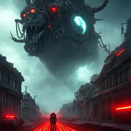 Prompt: Red lights, biological mechanical, soldiers, evil, warfare, futuristic, teeth, fangs, giant birds, dark, fantasy art style, thunder storm, nighttime, lightning, birds